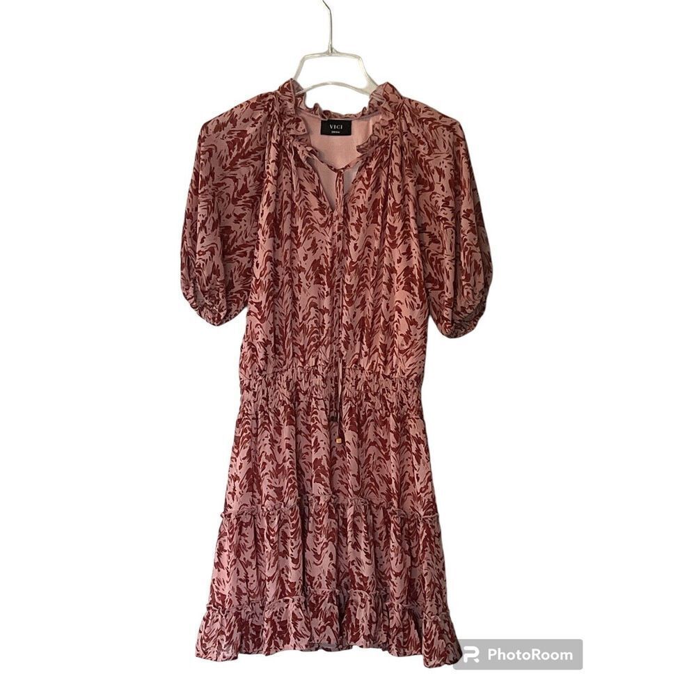 VICI Women's Mini‎ Dress Size Small Lined Flowy Boho Frilly 3/4 S Pink Maroon